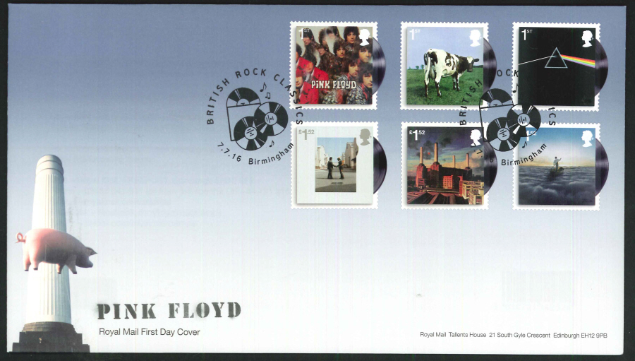 2016 - Pink Floyd, First Day Cover, British Rock Classics, Birmingham Postmark